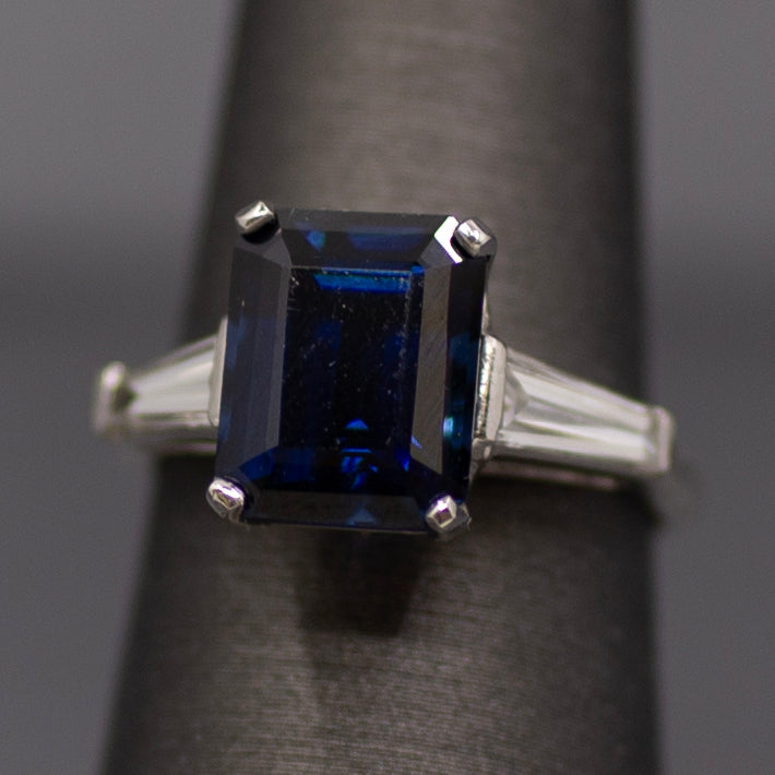 GIA Certified Australian Deep Blue Sapphire and Baguette Diamond Ring in Platinum