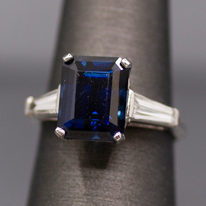 GIA Certified Australian Deep Blue Sapphire and Baguette Diamond Ring in Platinum