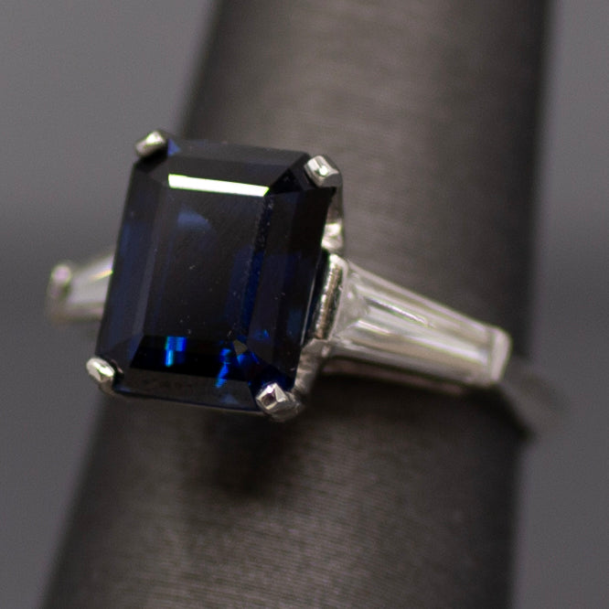 GIA Certified Australian Deep Blue Sapphire and Baguette Diamond Ring in Platinum