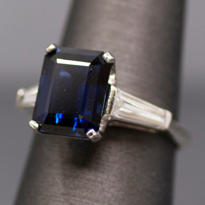 GIA Certified Australian Deep Blue Sapphire and Baguette Diamond Ring in Platinum