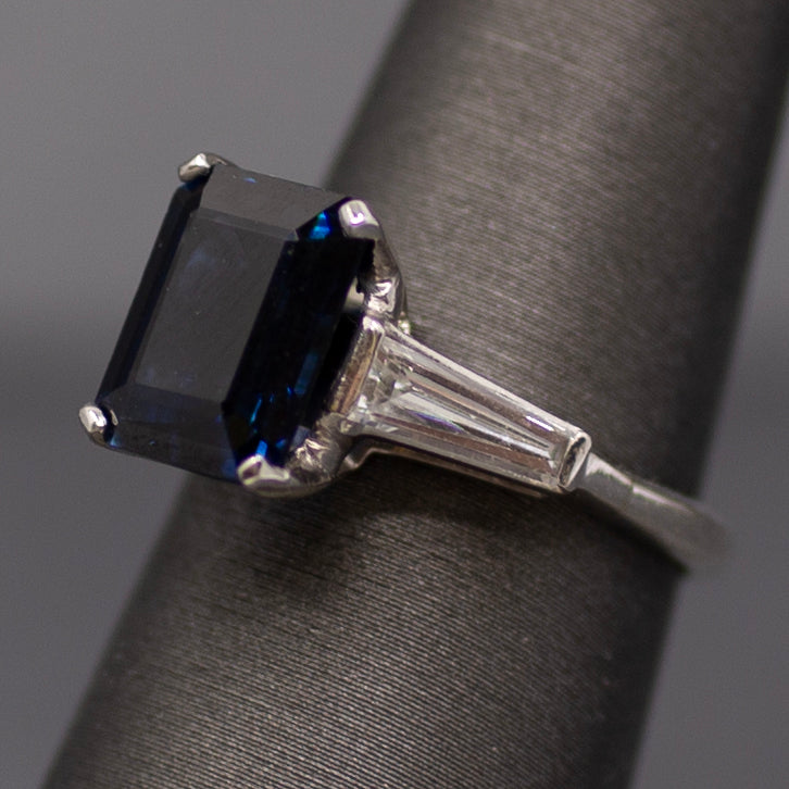 GIA Certified Australian Deep Blue Sapphire and Baguette Diamond Ring in Platinum