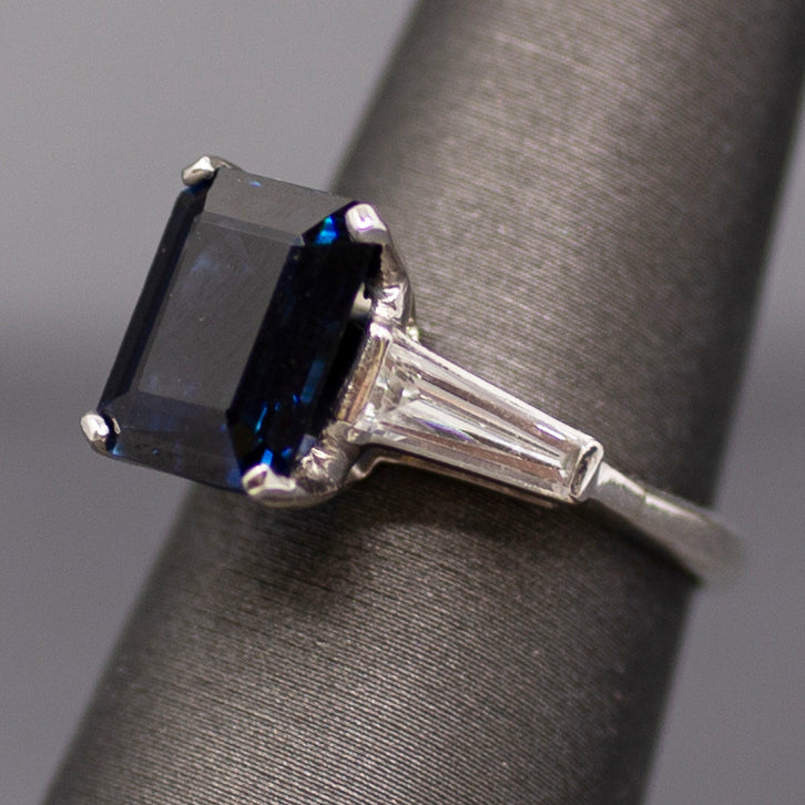 GIA Certified Australian Deep Blue Sapphire and Baguette Diamond Ring in Platinum