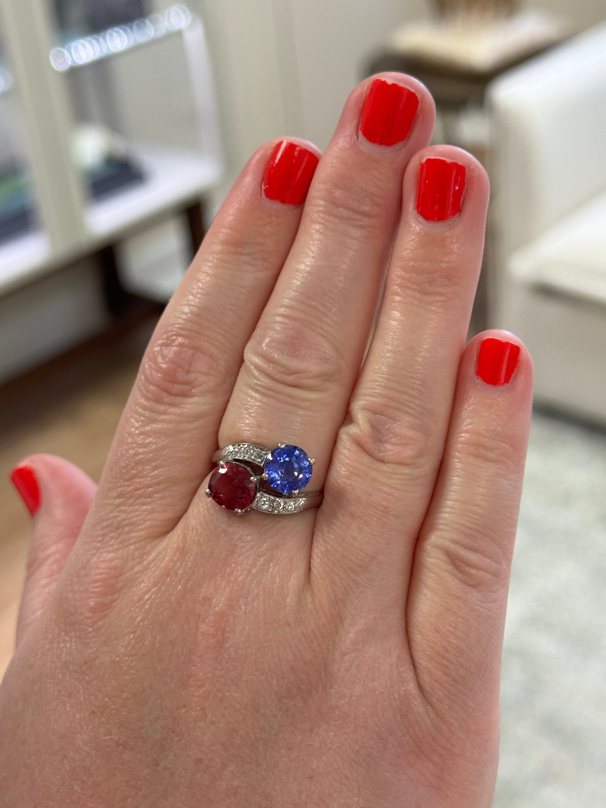 Mid-Century Modern Violet Sapphire and Pink Tourmaline Bypass Moi et Toi Ring in Platinum