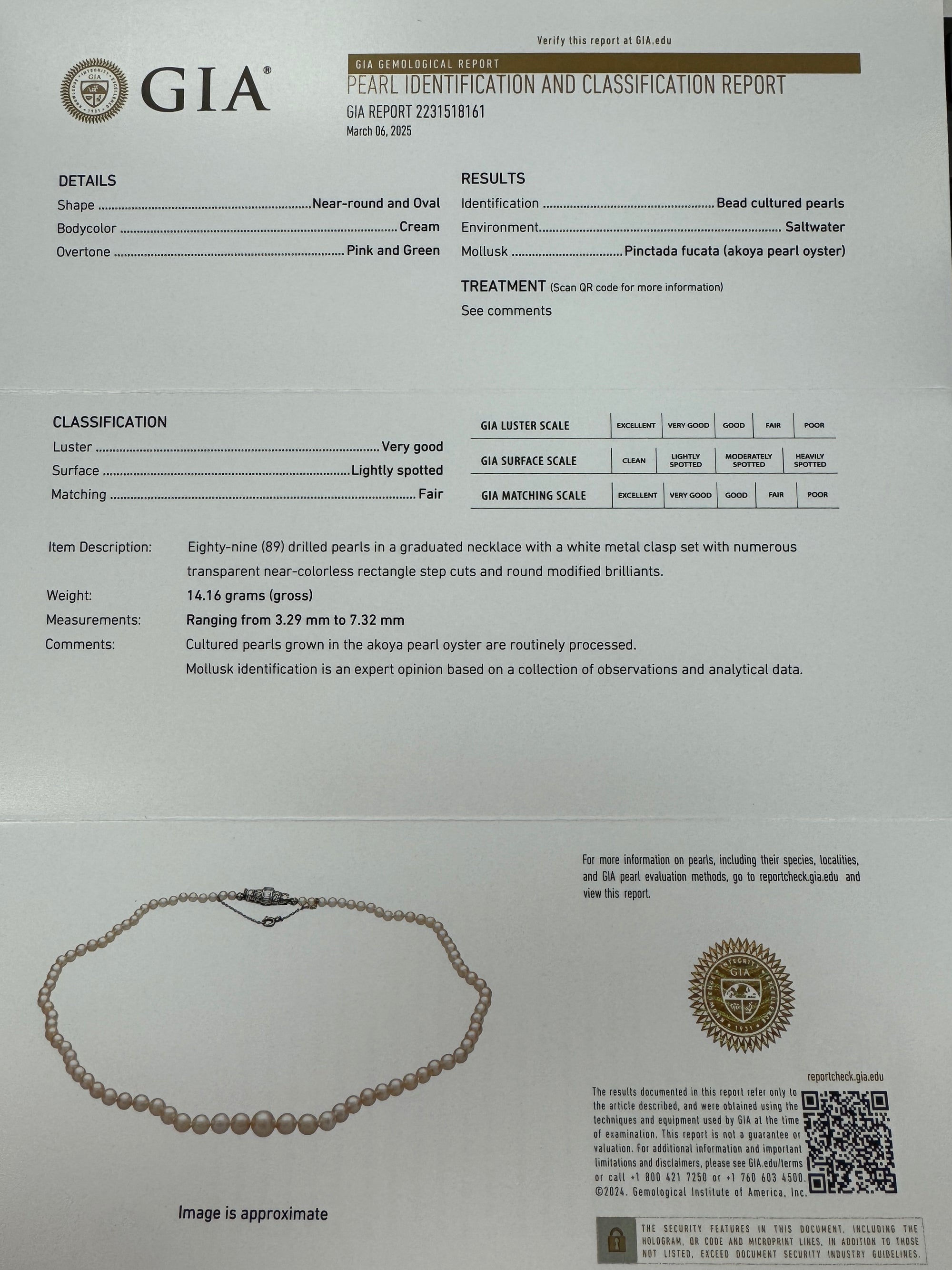 GIA Certified Akoya Saltwater Pearl Necklace with Diamond Clasp in Platinum