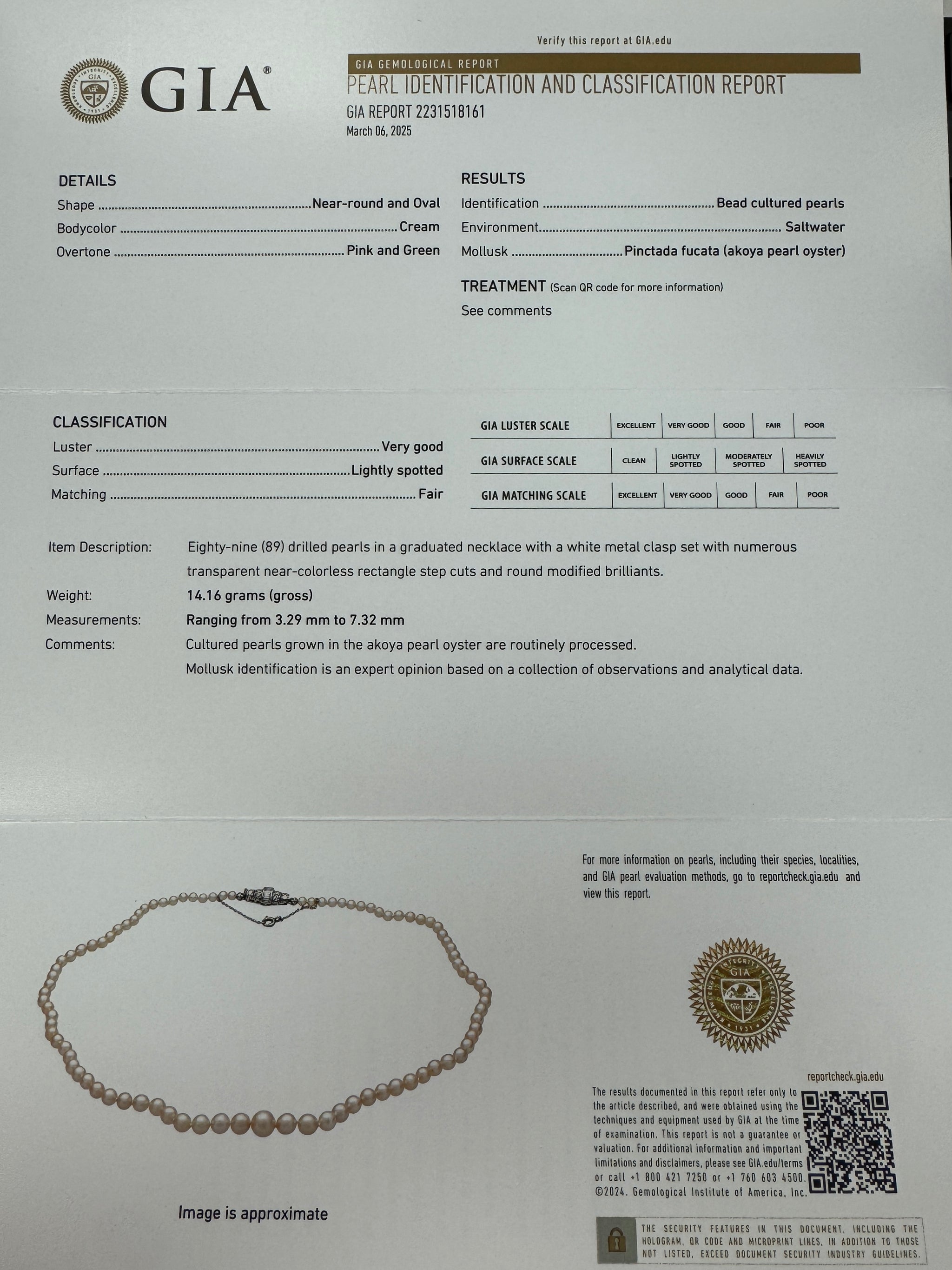 GIA Certified Akoya Saltwater Pearl Necklace with Diamond Clasp in Platinum