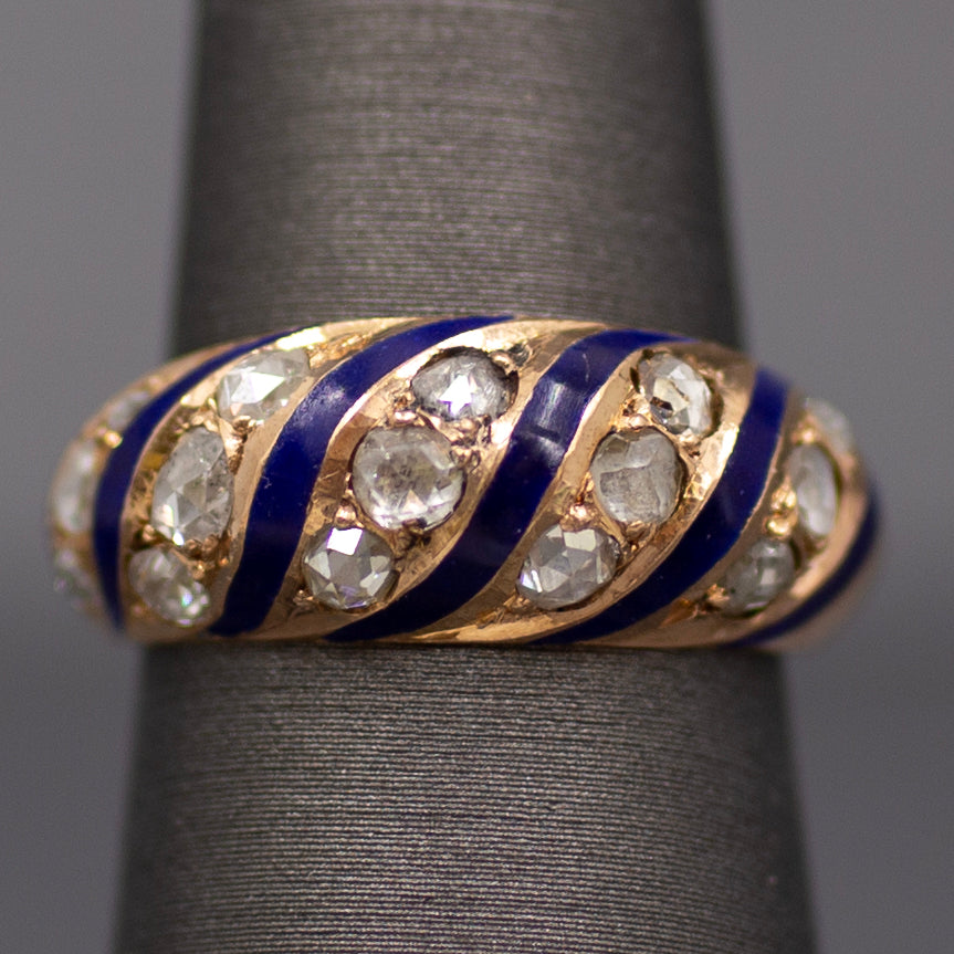 Antique Rose Cut Diamond and Royal Blue Enamel Domed Ring in 14k Rose Gold