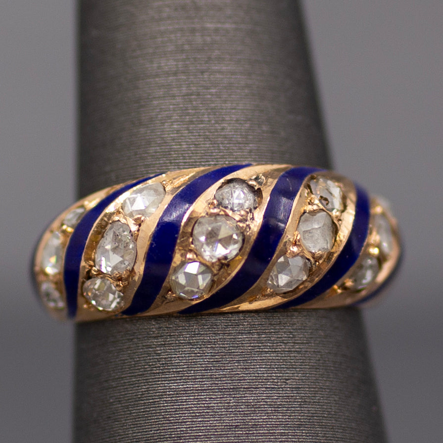Antique Rose Cut Diamond and Royal Blue Enamel Domed Ring in 14k Rose Gold