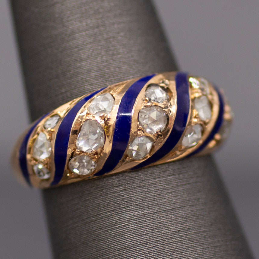  Antique Rose Cut Diamond and Royal Blue Enamel Domed Ring in 14k Rose Gold