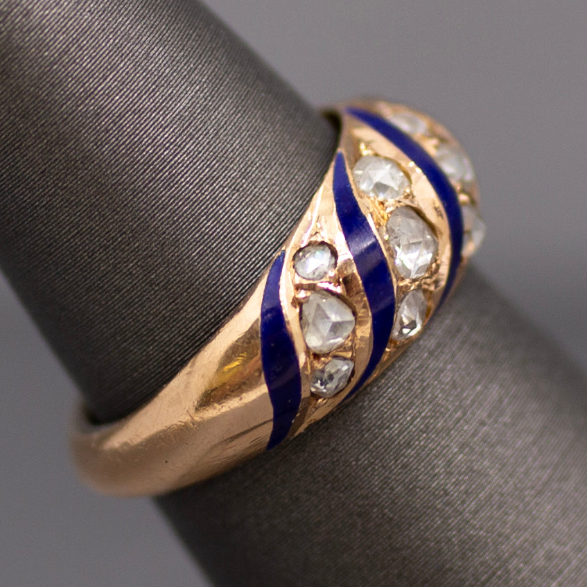 Antique Rose Cut Diamond and Royal Blue Enamel Domed Ring in 14k Rose Gold