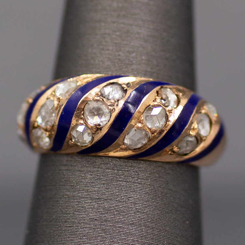 Antique Rose Cut Diamond and Royal Blue Enamel Domed Ring in 14k Rose Gold