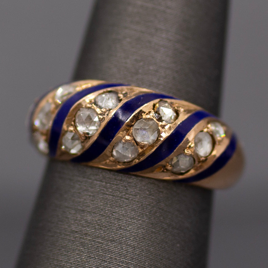 Antique Rose Cut Diamond and Royal Blue Enamel Domed Ring in 14k Rose Gold