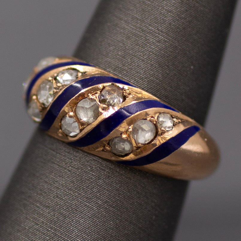 Antique Rose Cut Diamond and Royal Blue Enamel Domed Ring in 14k Rose Gold
