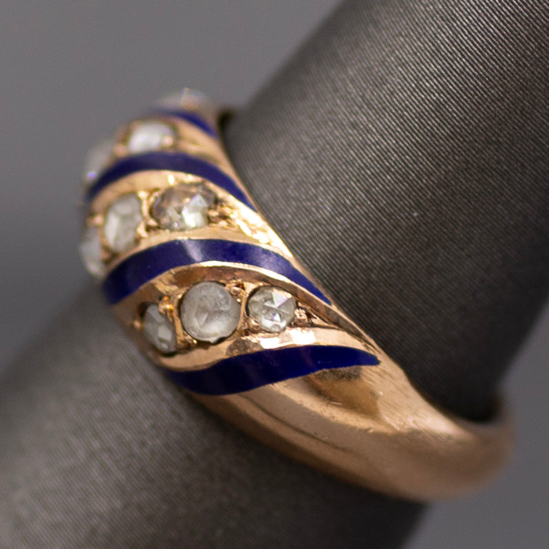 Antique Rose Cut Diamond and Royal Blue Enamel Domed Ring in 14k Rose Gold