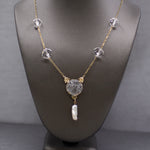 Art Nouveau Rock Crystal Quartz and Pearl Drop Necklace in 14k Yellow Gold
