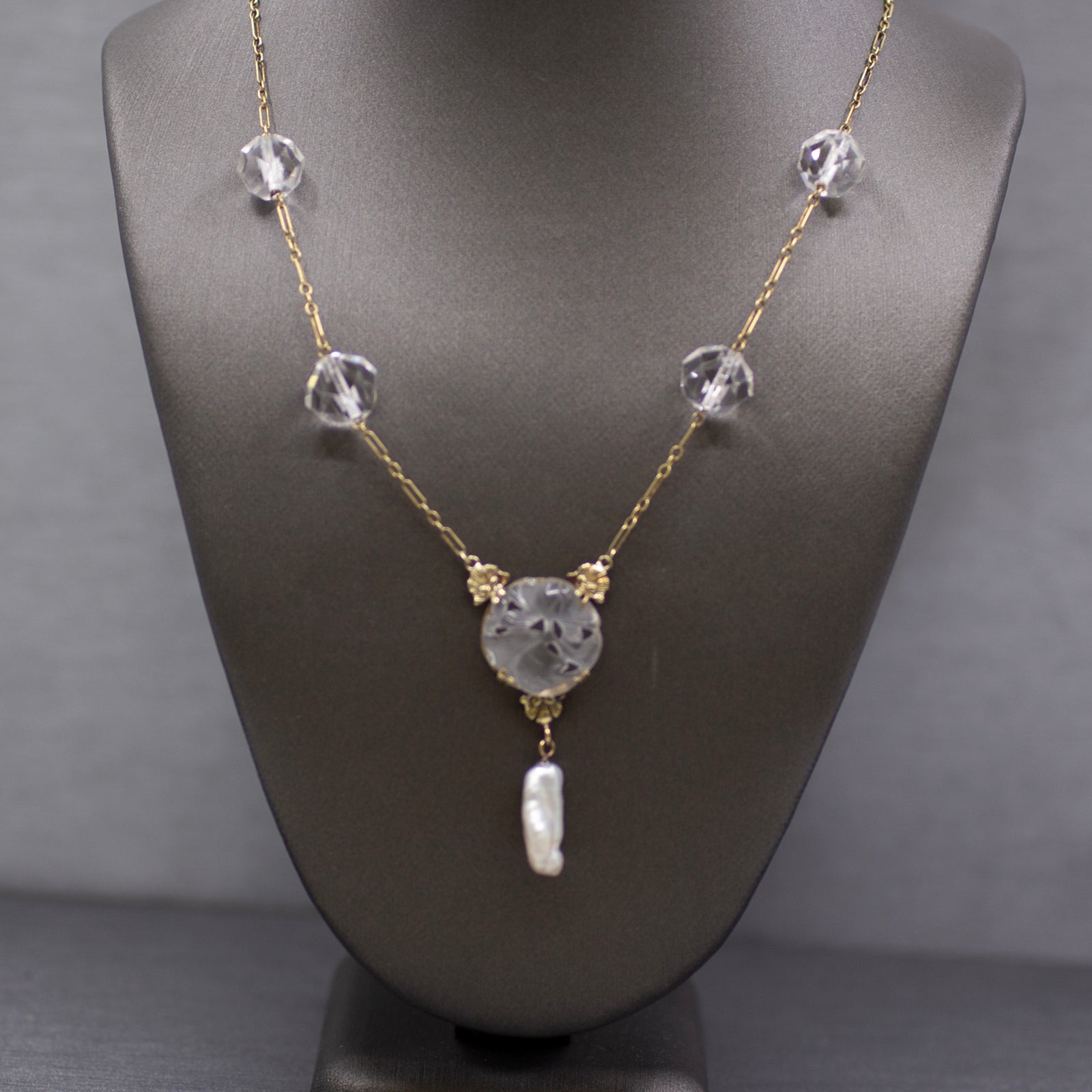 Art Nouveau Rock Crystal Quartz and Pearl Drop Necklace in 14k Yellow Gold
