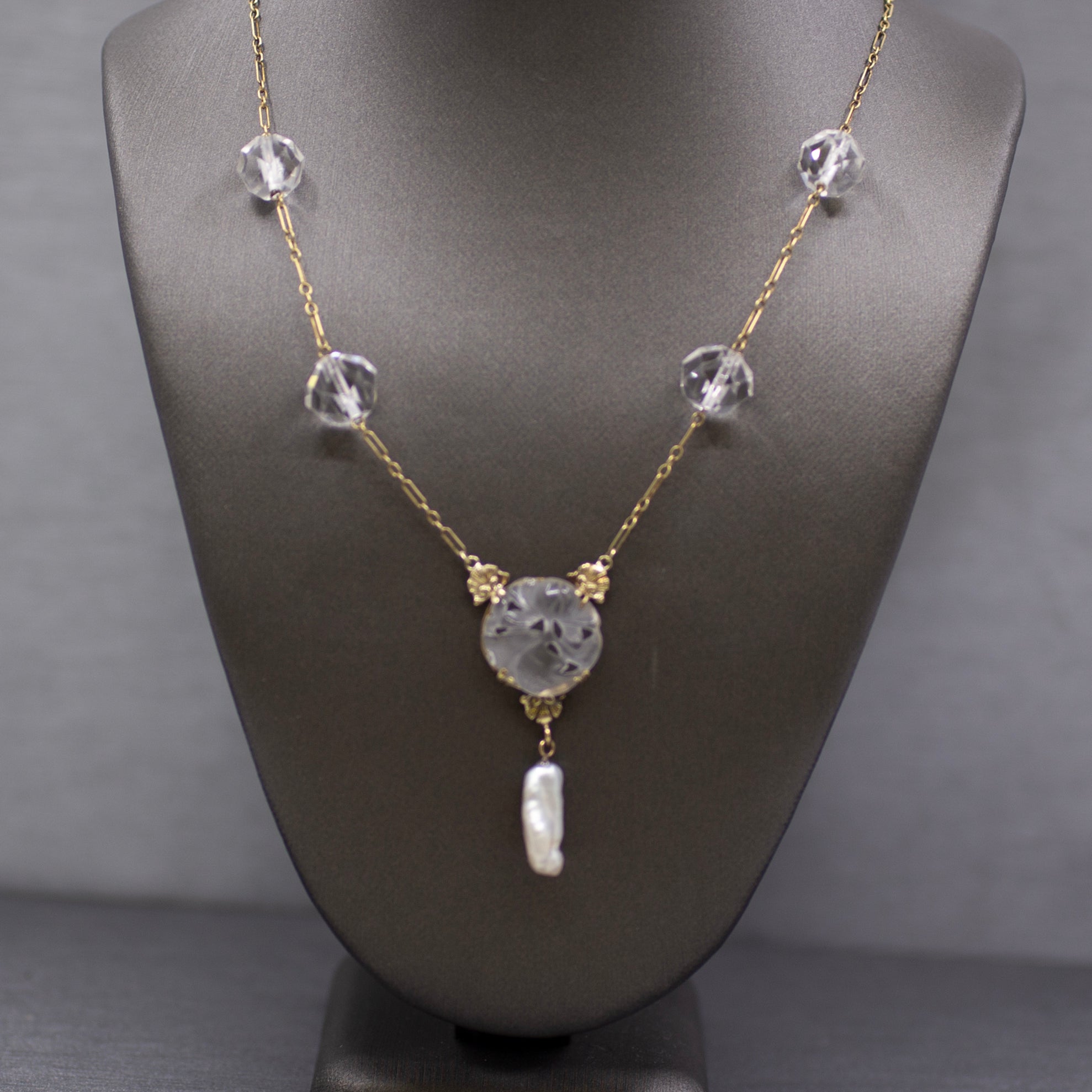 Art Nouveau Rock Crystal Quartz and Pearl Drop Necklace in 14k Yellow Gold
