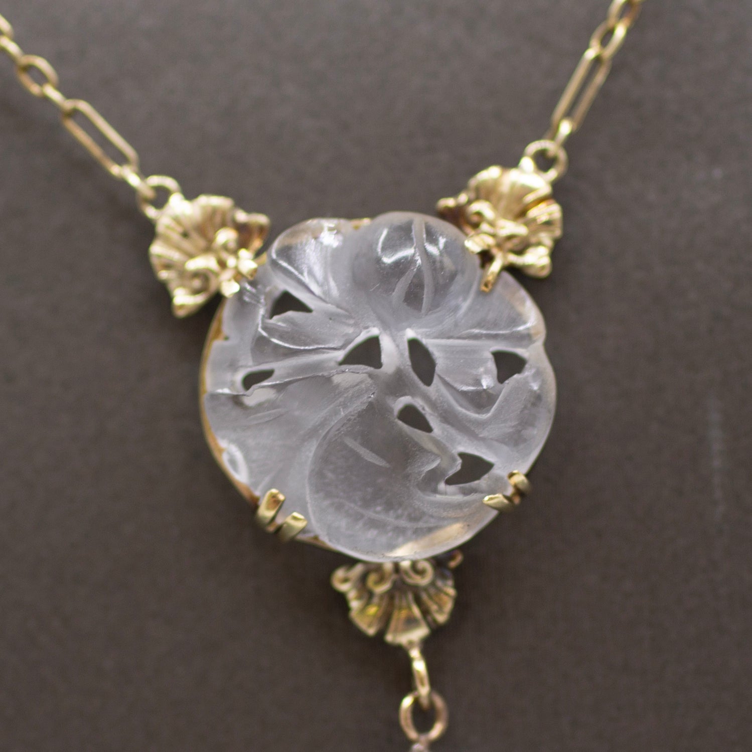 Art Nouveau Rock Crystal Quartz and Pearl Drop Necklace in 14k Yellow Gold