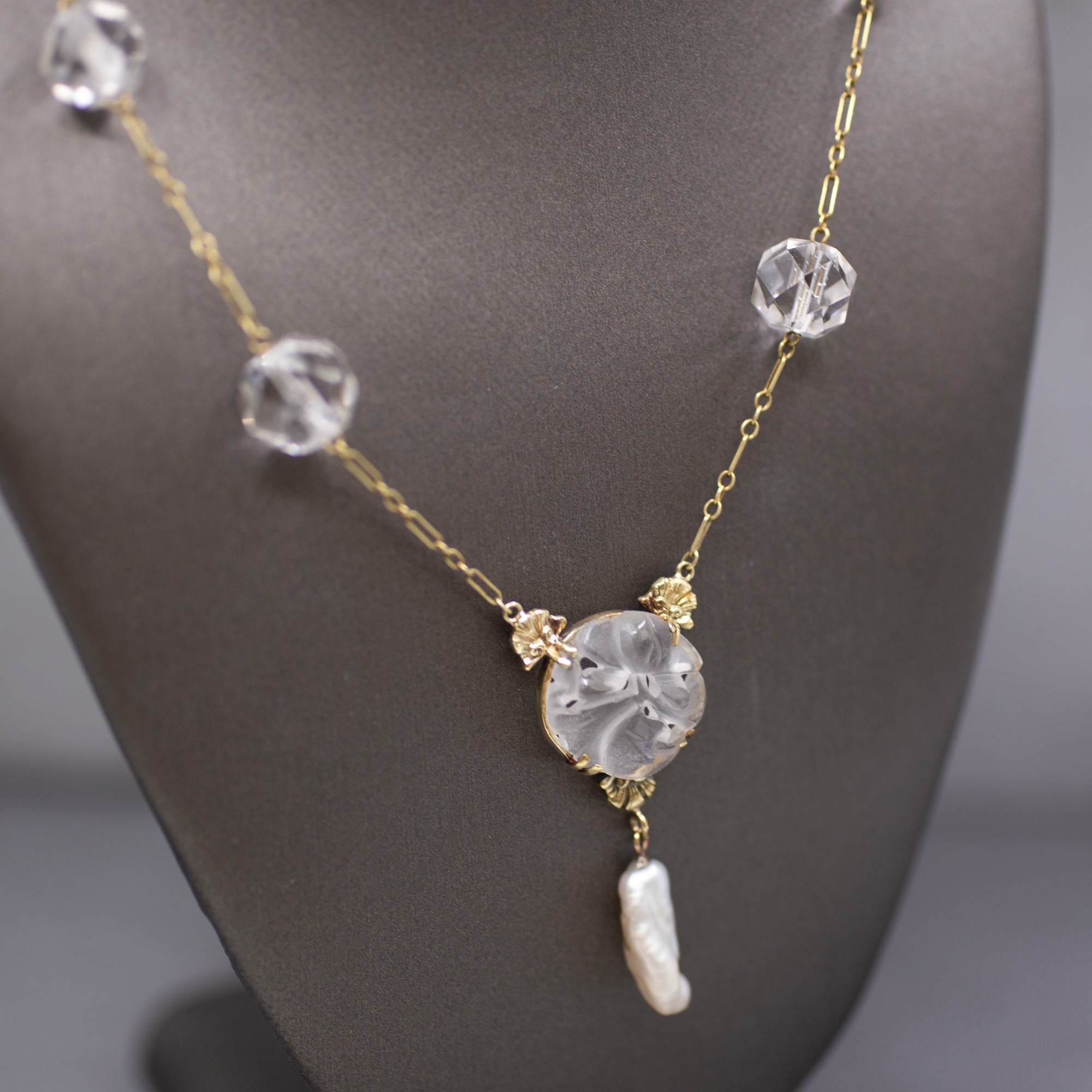 Art Nouveau Rock Crystal Quartz and Pearl Drop Necklace in 14k Yellow Gold