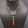 Art Nouveau Rock Crystal Quartz and Coral Drop Necklace in 14k Yellow Gold