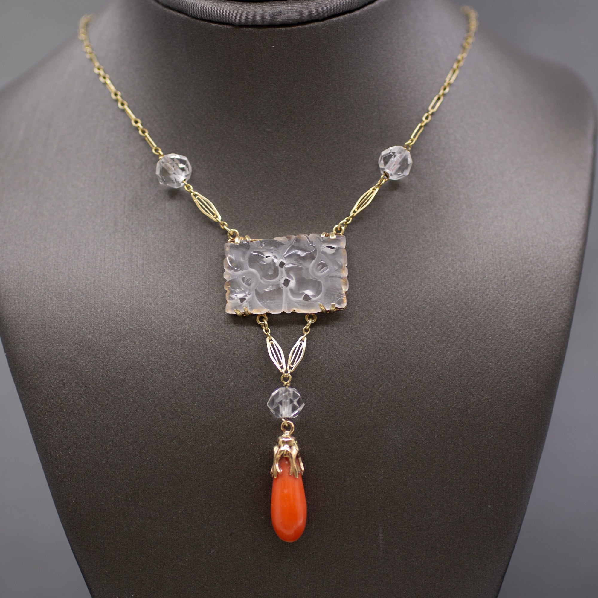 Art Nouveau Rock Crystal Quartz and Coral Drop Necklace in 14k Yellow Gold