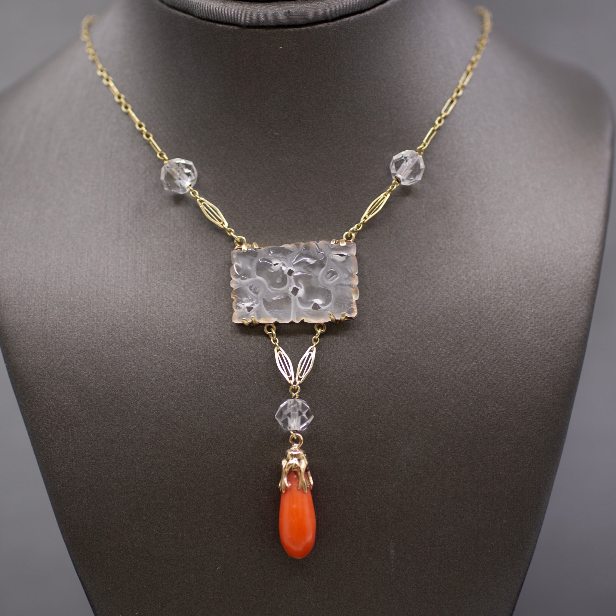 Art Nouveau Rock Crystal Quartz and Coral Drop Necklace in 14k Yellow Gold