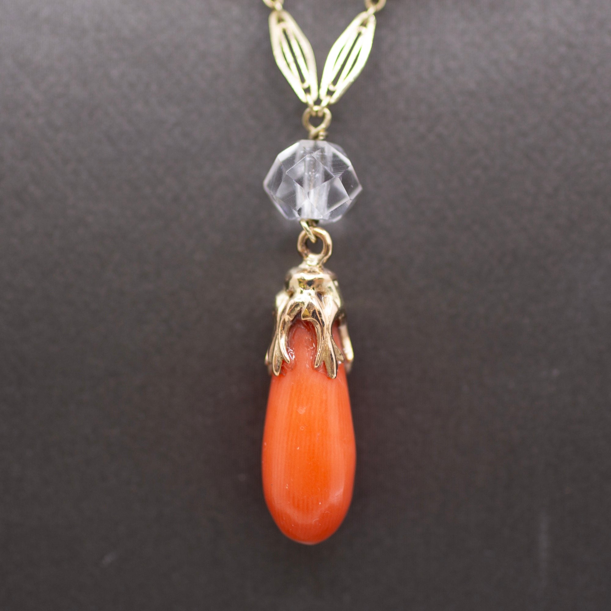 Art Nouveau Rock Crystal Quartz and Coral Drop Necklace in 14k Yellow Gold