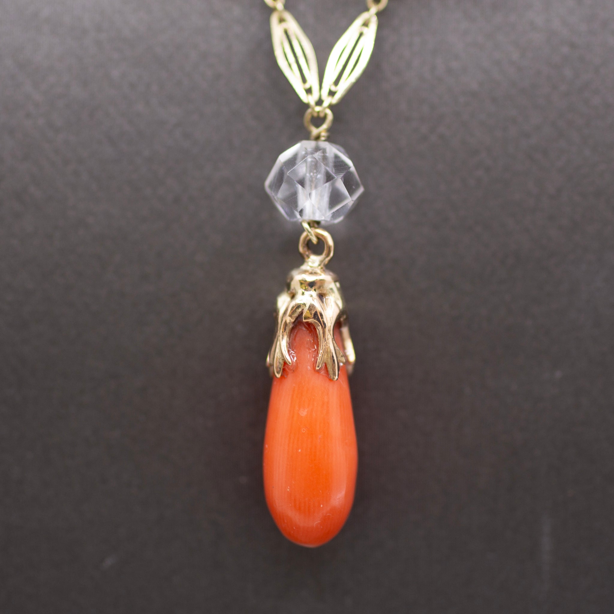 Art Nouveau Rock Crystal Quartz and Coral Drop Necklace in 14k Yellow Gold