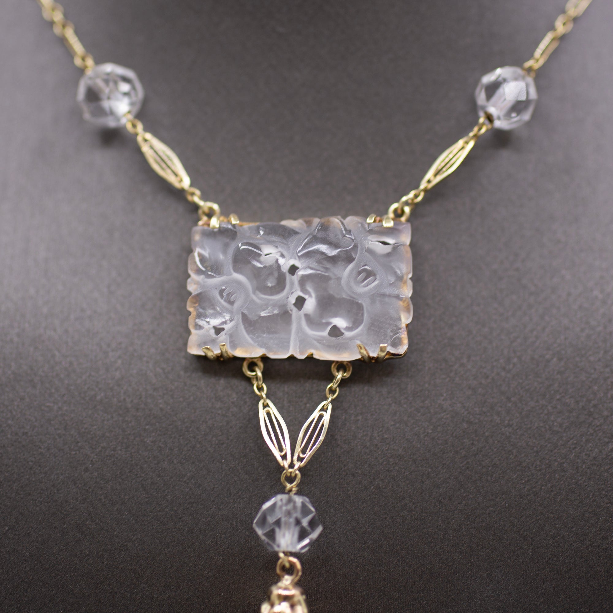 Art Nouveau Rock Crystal Quartz and Coral Drop Necklace in 14k Yellow Gold