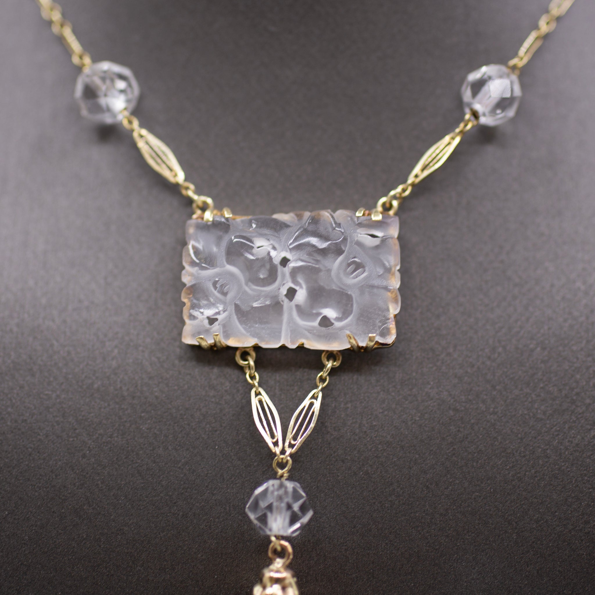 Art Nouveau Rock Crystal Quartz and Coral Drop Necklace in 14k Yellow Gold