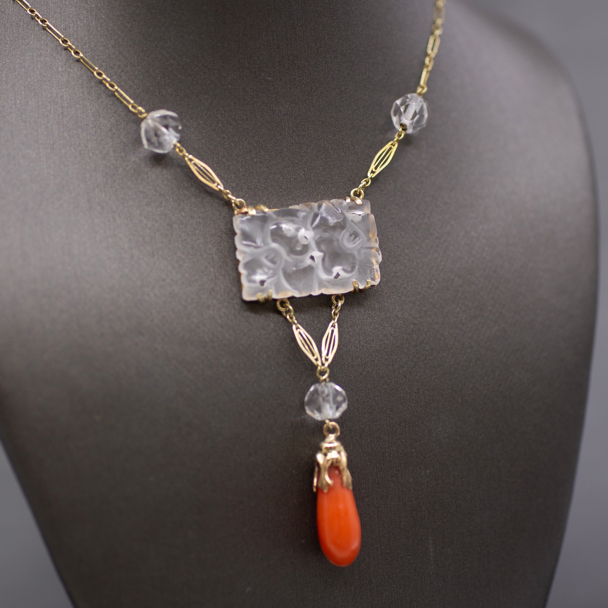 Art Nouveau Rock Crystal Quartz and Coral Drop Necklace in 14k Yellow Gold