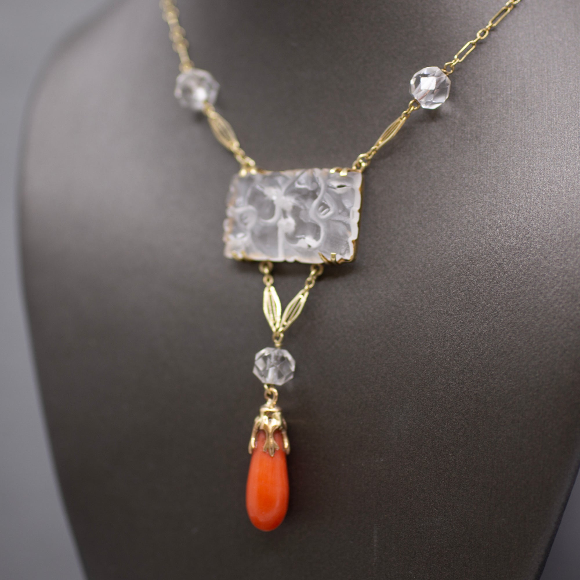 Art Nouveau Rock Crystal Quartz and Coral Drop Necklace in 14k Yellow Gold