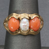 Antique Victorian Coral Pearl and Diamond Bezel Set Ring in 14k Yellow Gold