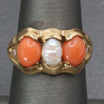 Antique Victorian Coral Pearl and Diamond Bezel Set Ring in 14k Yellow Gold