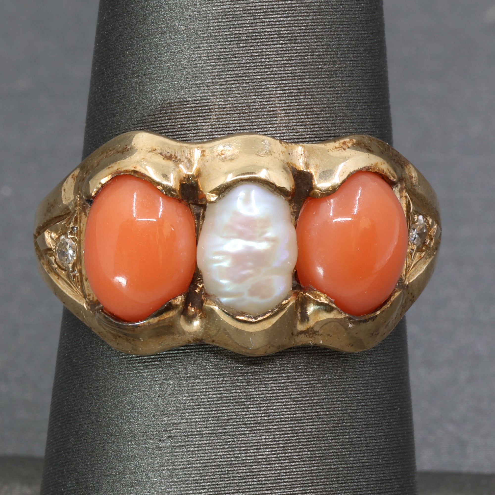 Antique Victorian Coral Pearl and Diamond Bezel Set Ring in 14k Yellow Gold