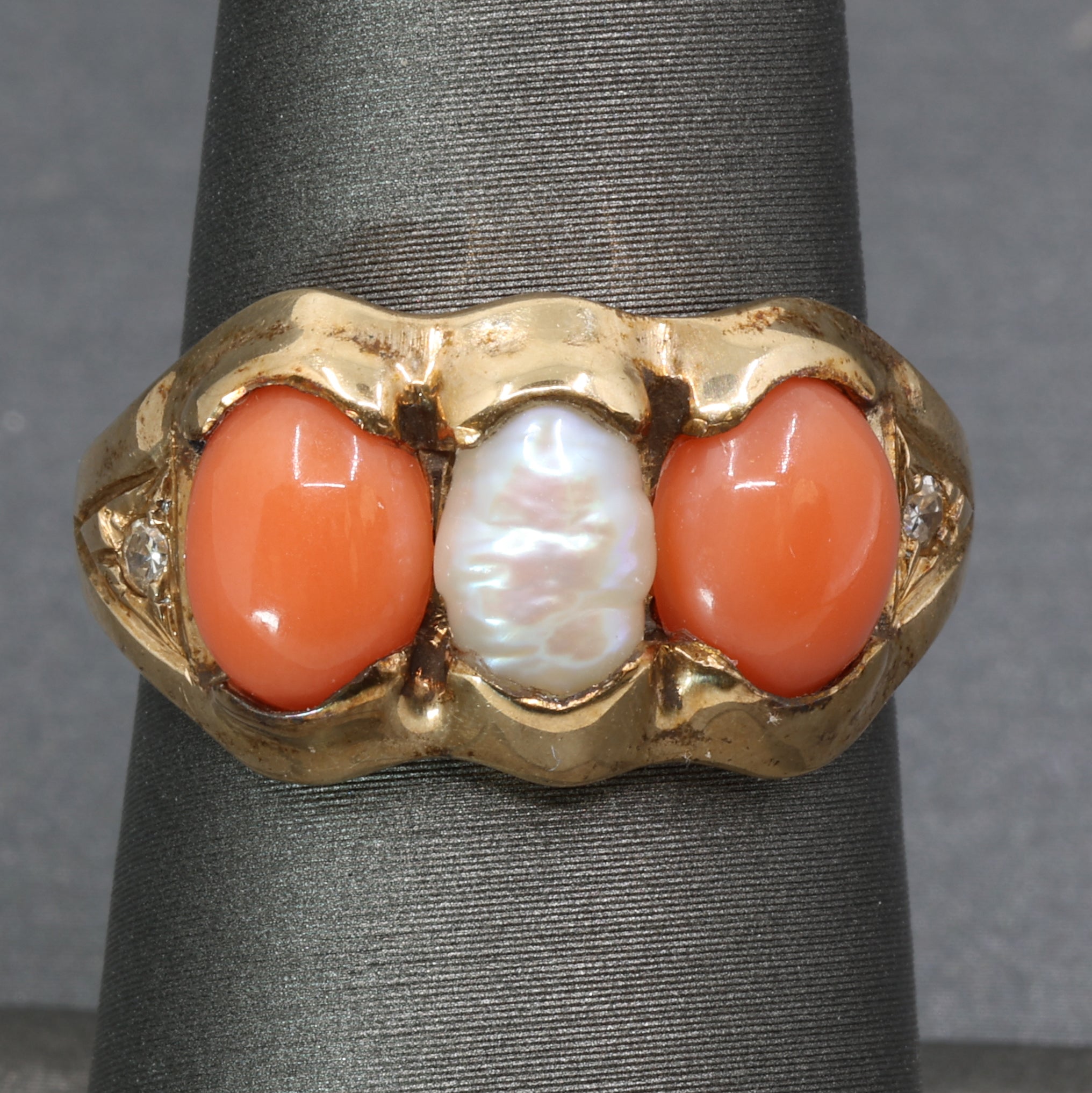 Antique Victorian Coral Pearl and Diamond Bezel Set Ring in 14k Yellow Gold