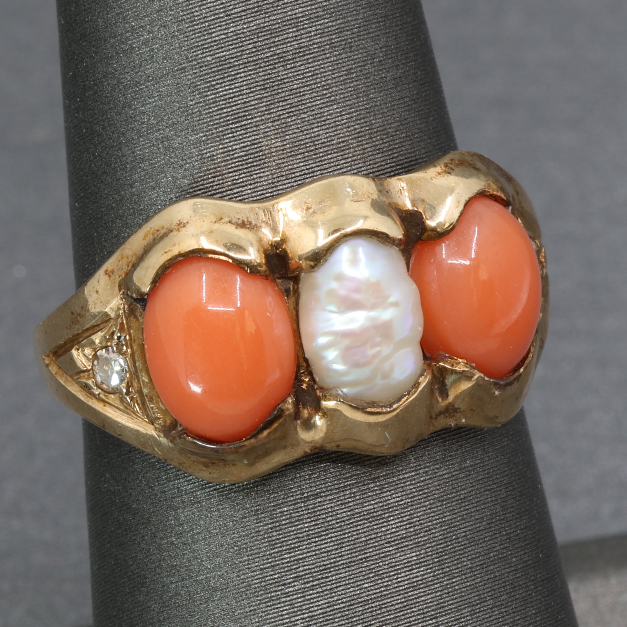 Antique Victorian Coral Pearl and Diamond Bezel Set Ring in 14k Yellow Gold