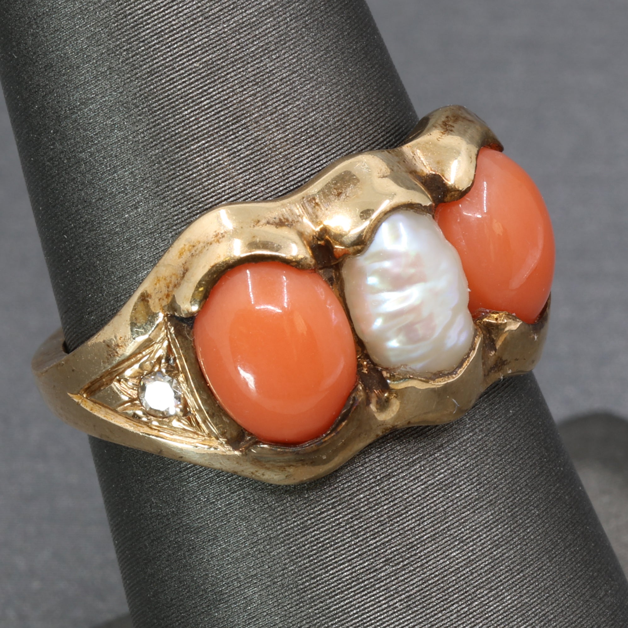 Antique Victorian Coral Pearl and Diamond Bezel Set Ring in 14k Yellow Gold