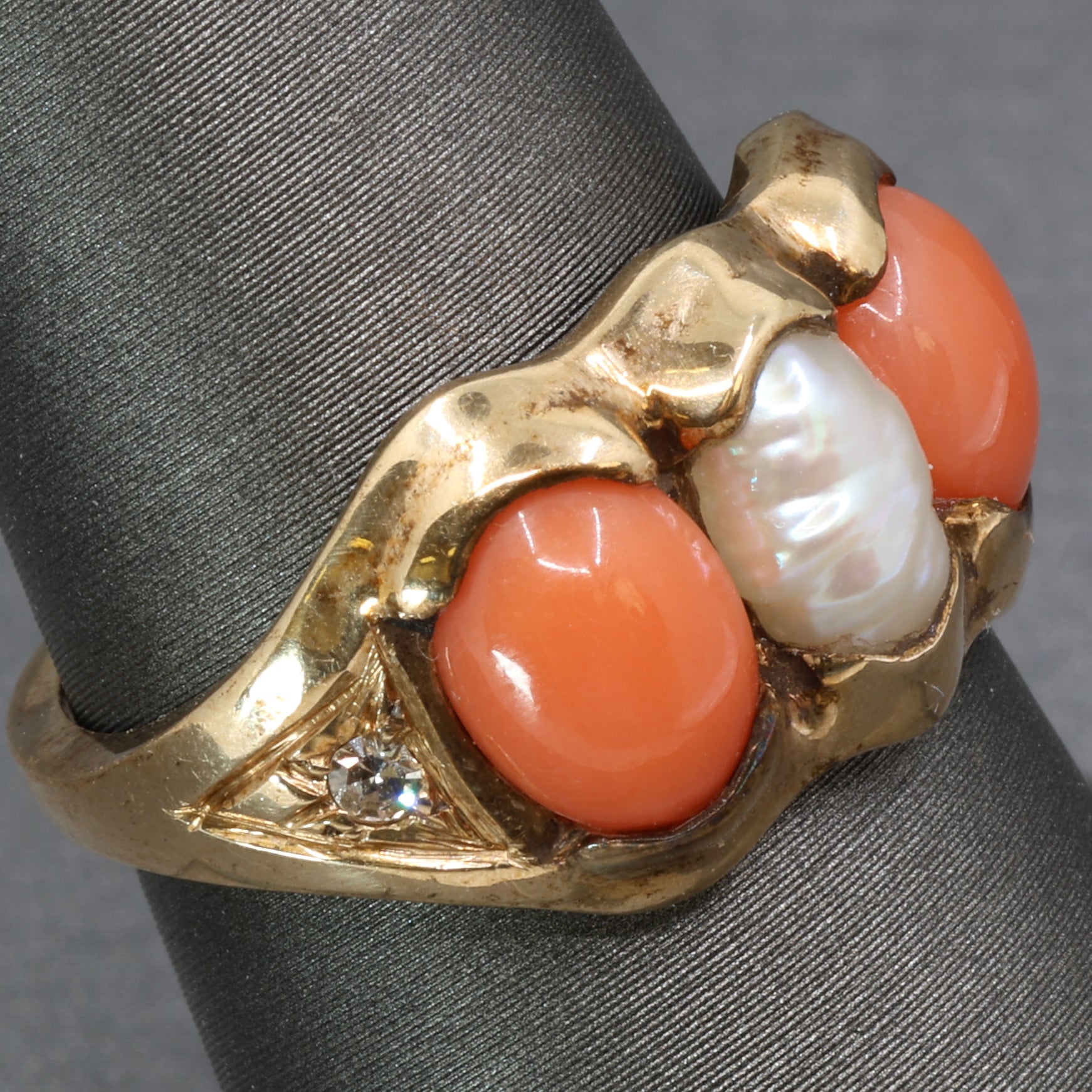 Antique Victorian Coral Pearl and Diamond Bezel Set Ring in 14k Yellow Gold