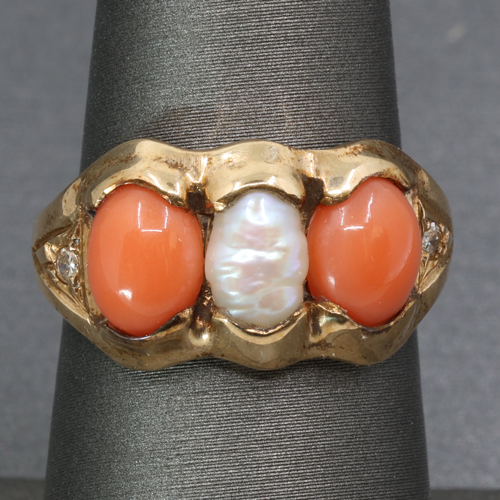 Antique Victorian Coral Pearl and Diamond Bezel Set Ring in 14k Yellow Gold