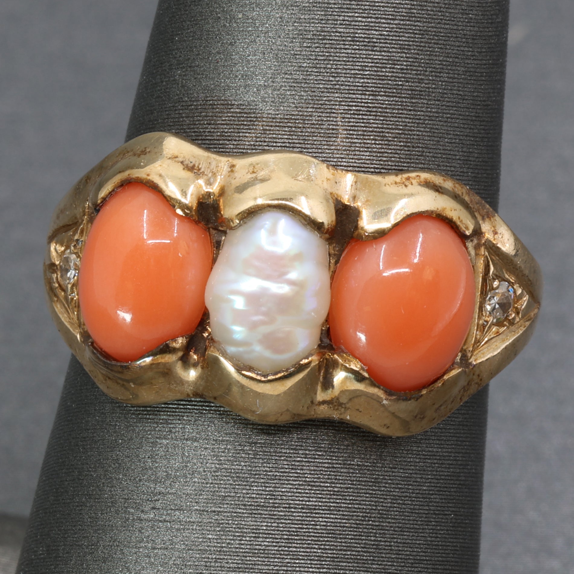 Antique Victorian Coral Pearl and Diamond Bezel Set Ring in 14k Yellow Gold