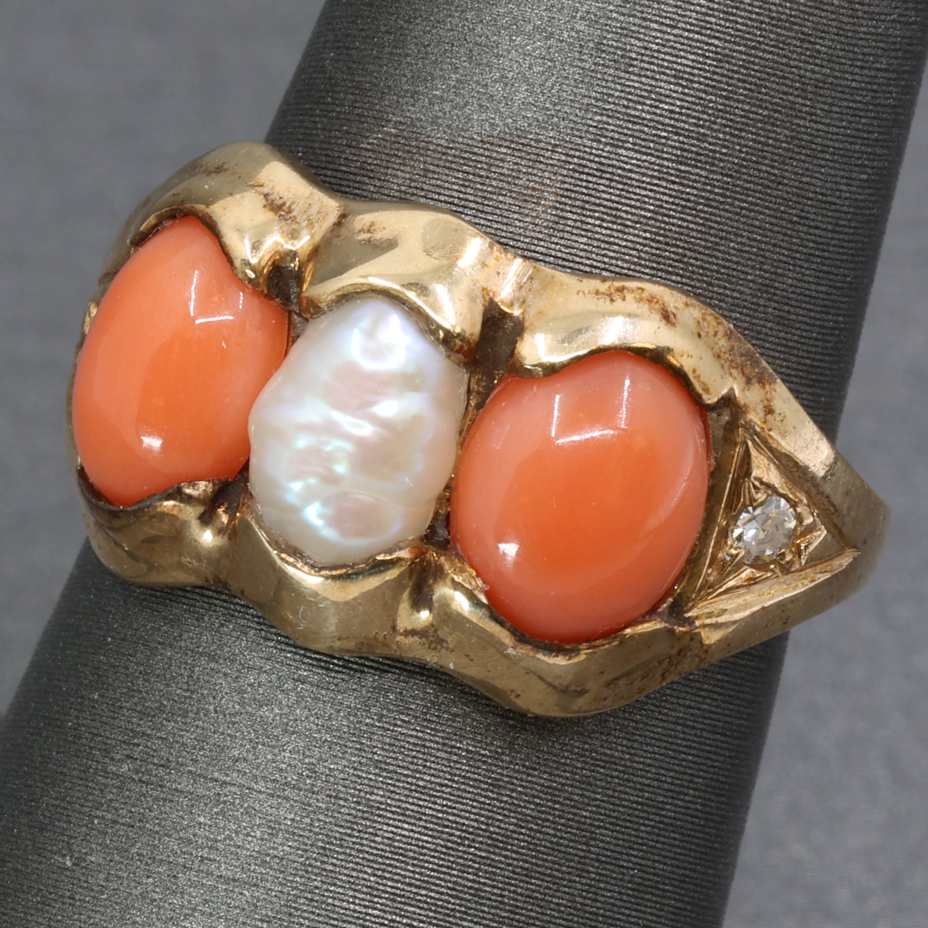 Antique Victorian Coral Pearl and Diamond Bezel Set Ring in 14k Yellow Gold
