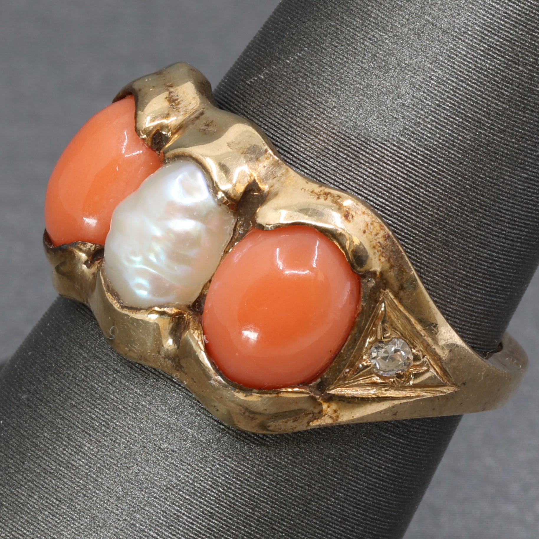 Antique Victorian Coral Pearl and Diamond Bezel Set Ring in 14k Yellow Gold