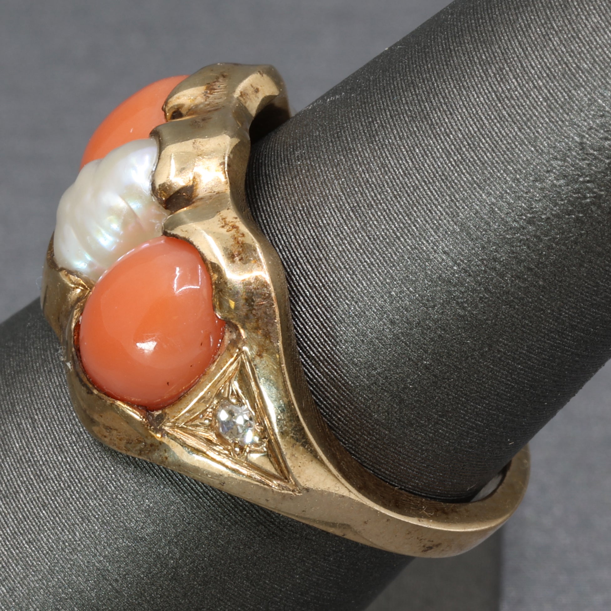 Antique Victorian Coral Pearl and Diamond Bezel Set Ring in 14k Yellow Gold