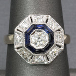 Art Deco Sapphire and Old European Cut Diamond Target Ring in Platinum and 14k