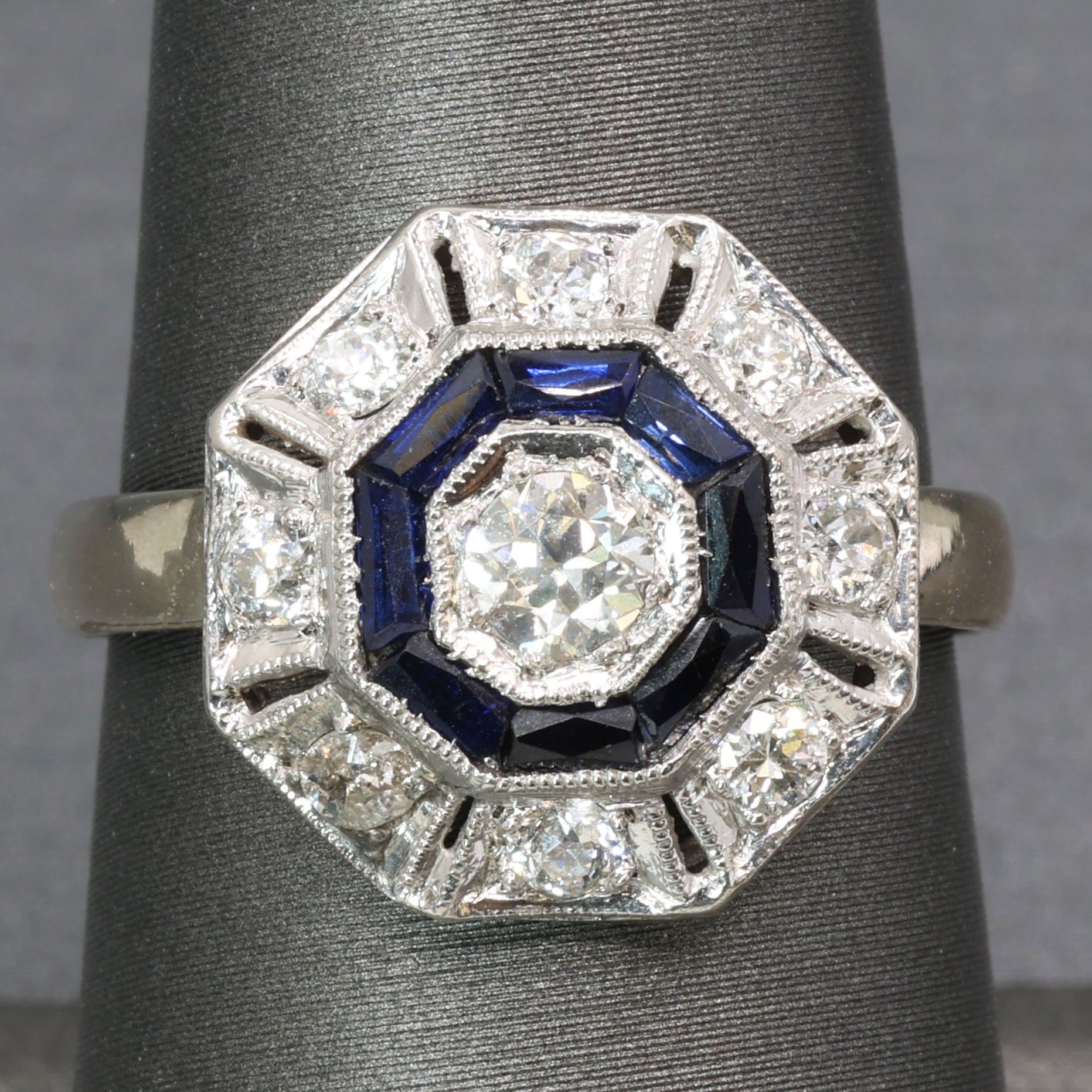Art Deco Sapphire and Old European Cut Diamond Target Ring in Platinum and 14k