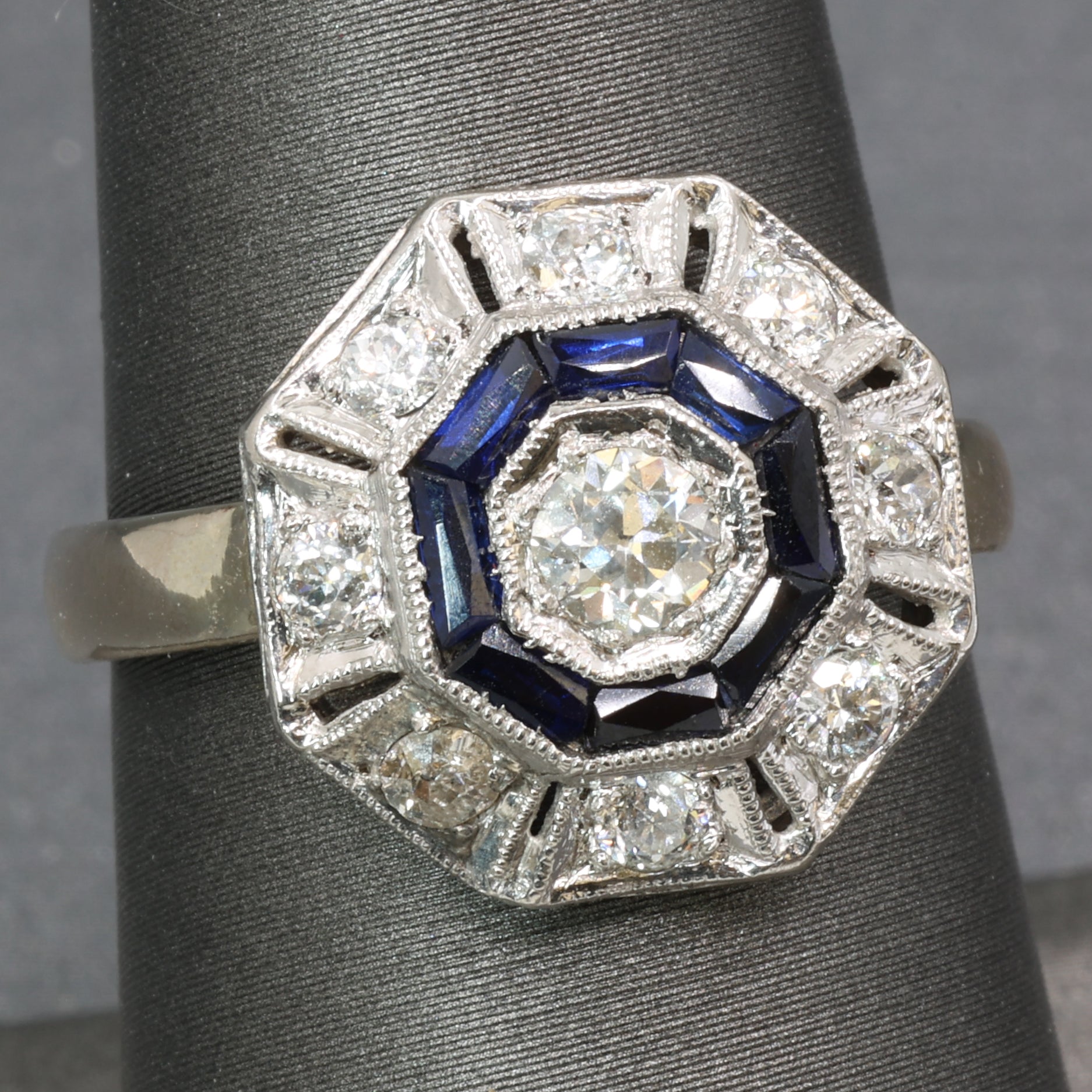 Art Deco Sapphire and Old European Cut Diamond Target Ring in Platinum and 14k