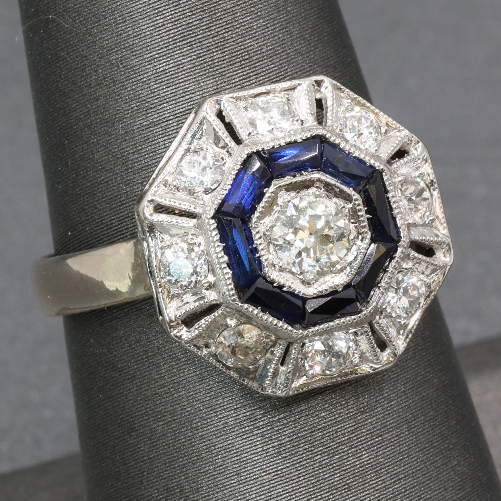 Art Deco Sapphire and Old European Cut Diamond Target Ring in Platinum and 14k