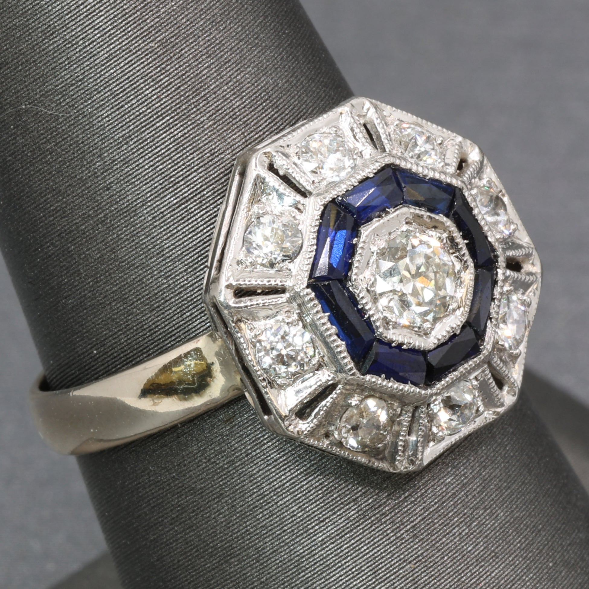Art Deco Sapphire and Old European Cut Diamond Target Ring in Platinum and 14k