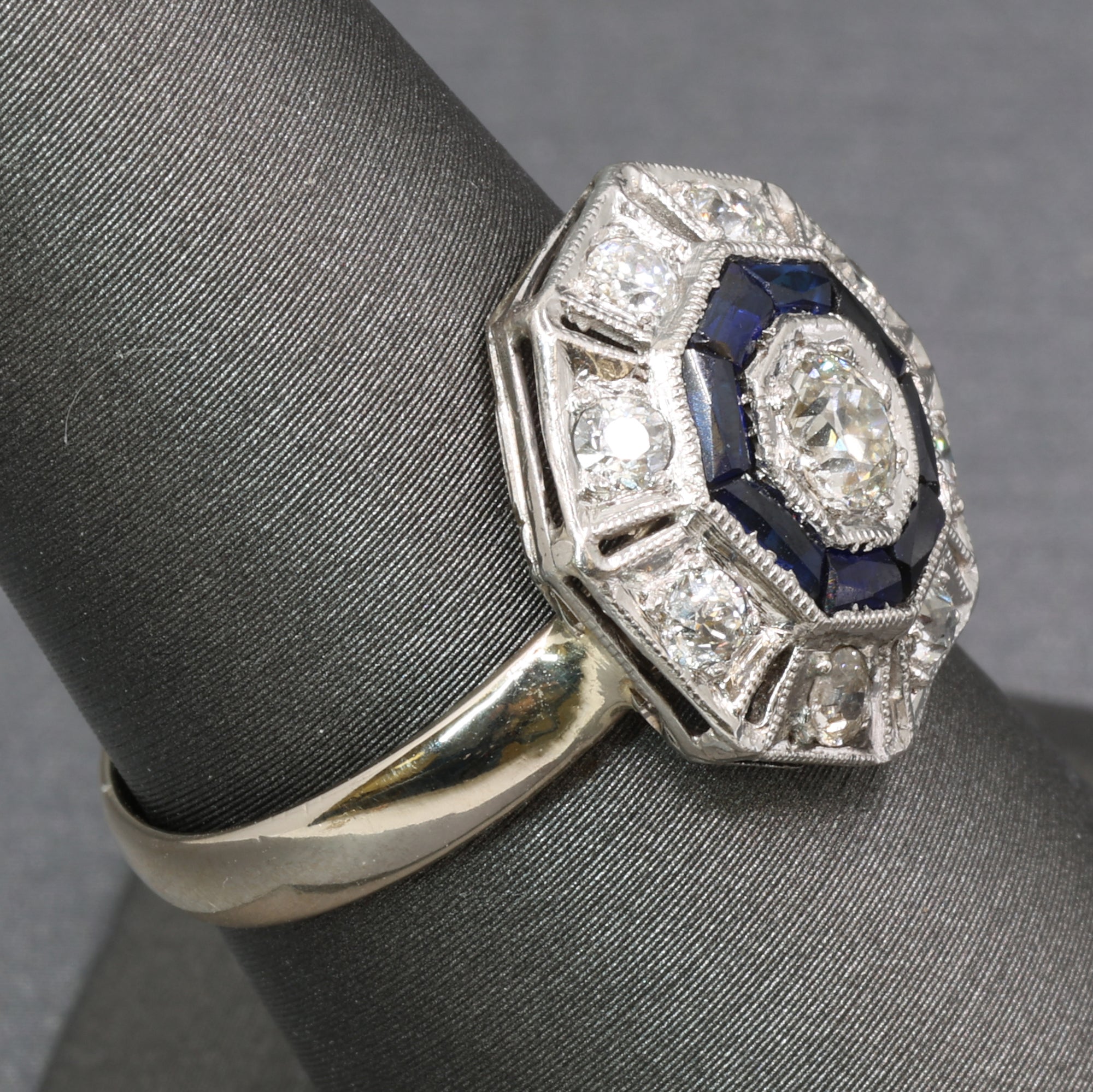 Art Deco Sapphire and Old European Cut Diamond Target Ring in Platinum and 14k