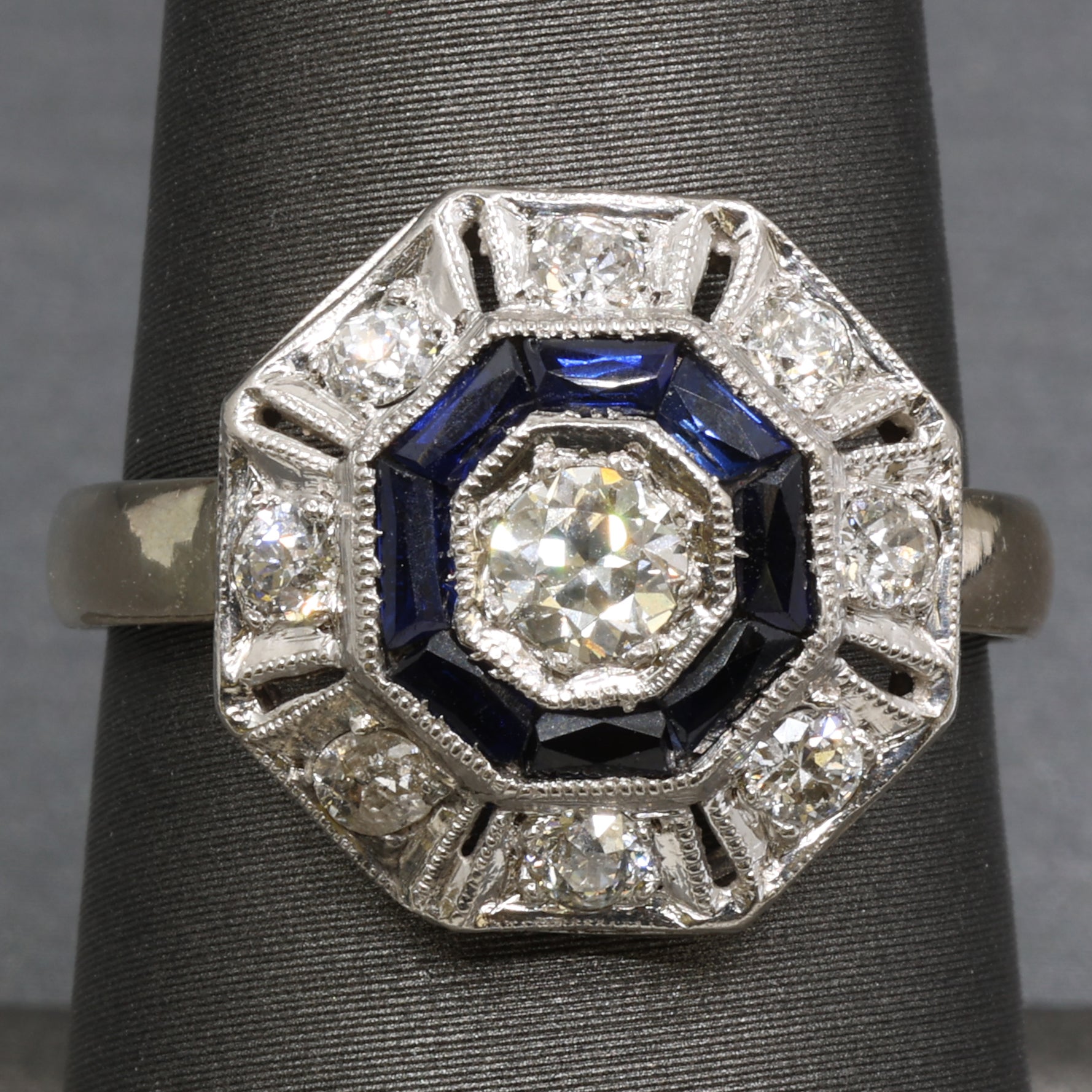Art Deco Sapphire and Old European Cut Diamond Target Ring in Platinum and 14k